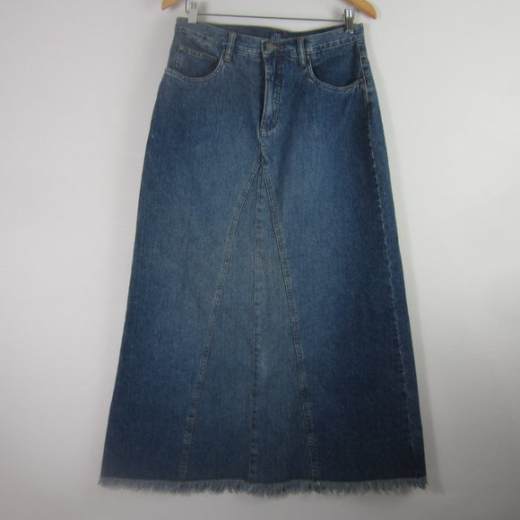 The Blues Womens 12 Medium Wash Cotton Denim Midi Skirt Waist 30" Fringe Hem M - Picture 1 of 8